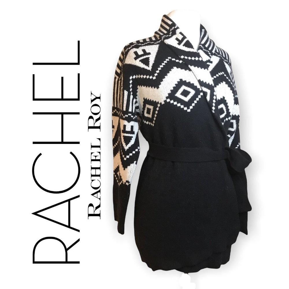 RACHEL ROY BLACK WHITE WOOL Belted CARDIGAN Sweater - Picture 1 of 6
